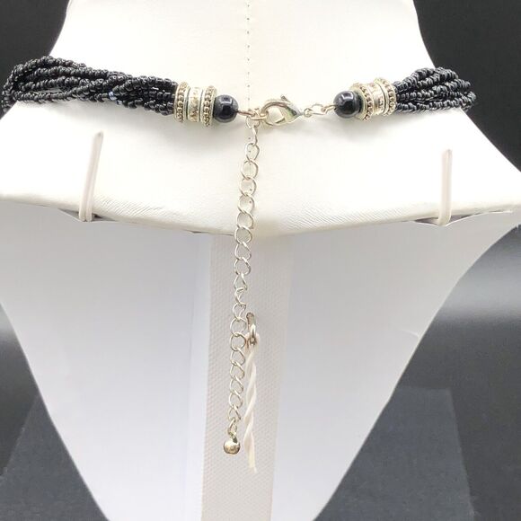 Black Oval Pendant Necklace Multi Strand Glass Seed Beads Antiqued Silver Tone - Picture 3 of 8